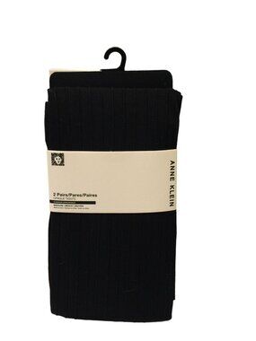 Anne Klein Ladies Size Medium Ribbed Opaque Black Tights Nylon Blend